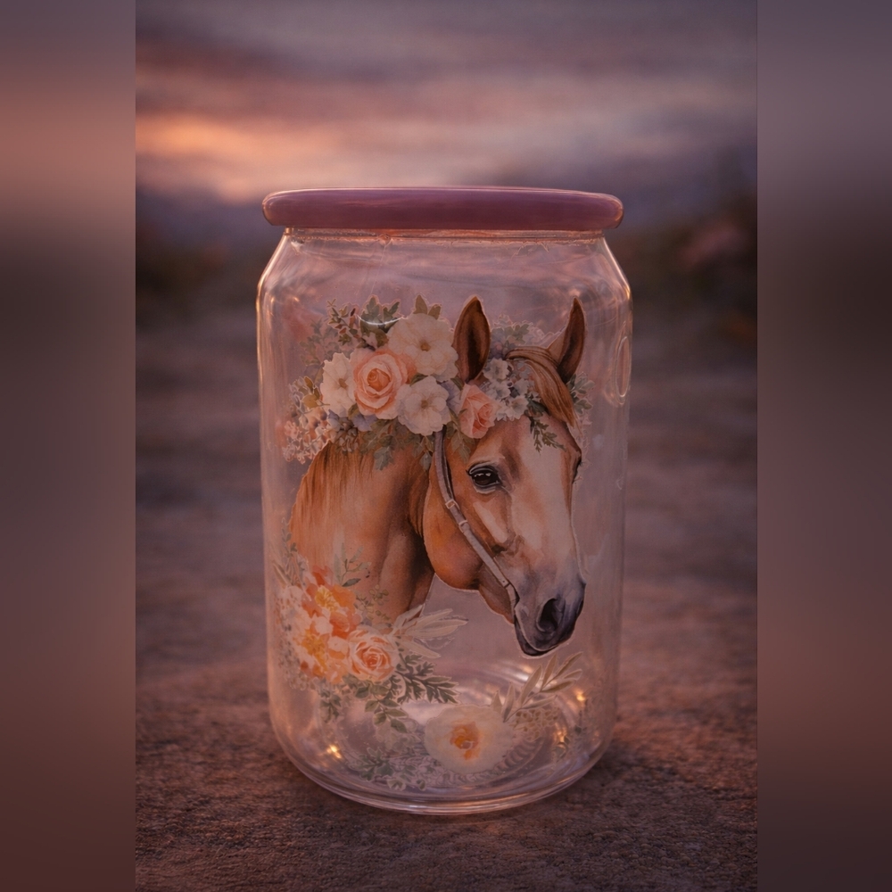 Hand Crafted Floral Horse Glass Jar with Pink Lid